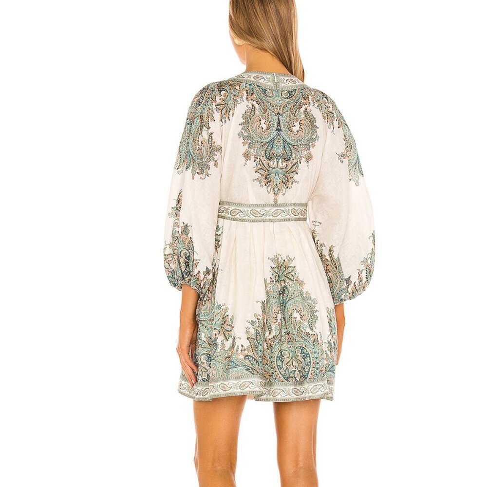 Zimmermann White Mini Dress with Teal and Beige Paisley Embroidery - Picture 2 of 16